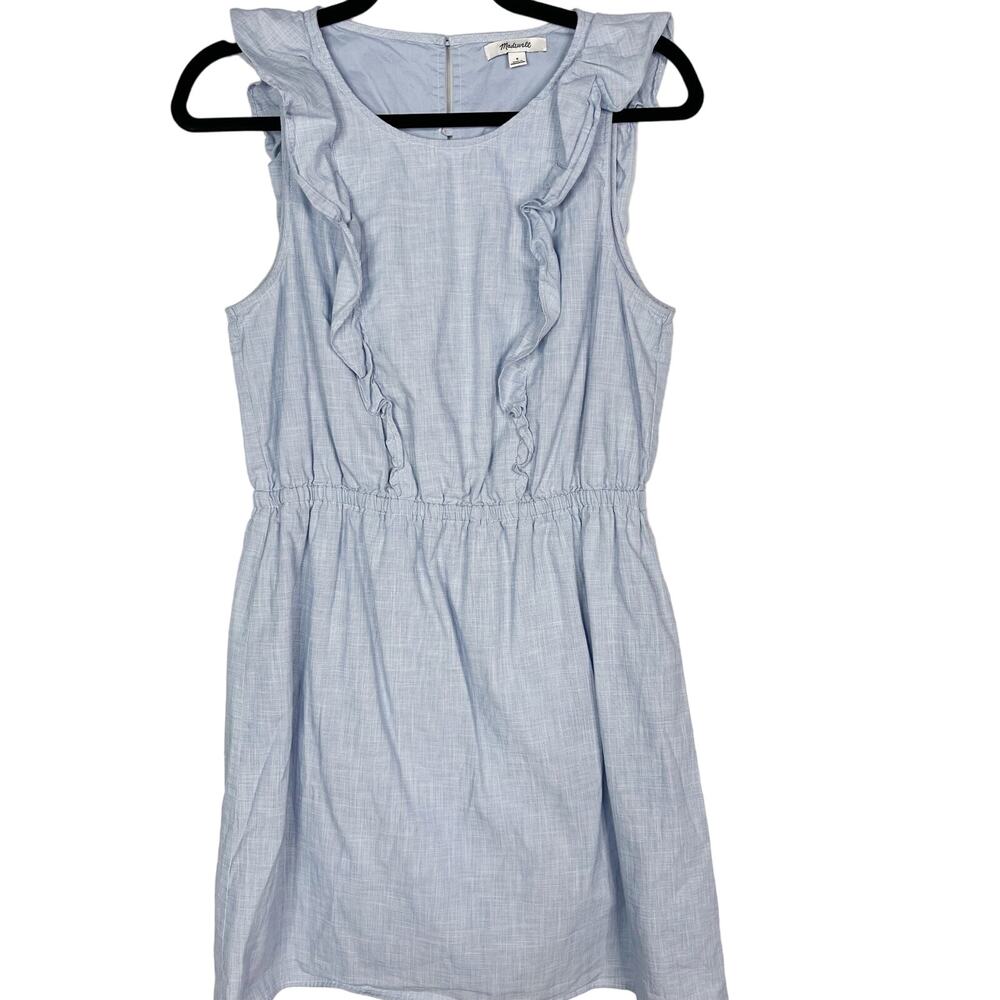 Madewell 8 Blue Bellflower Ruffle Sleeveless Dress Cinch Waist Cotton Button